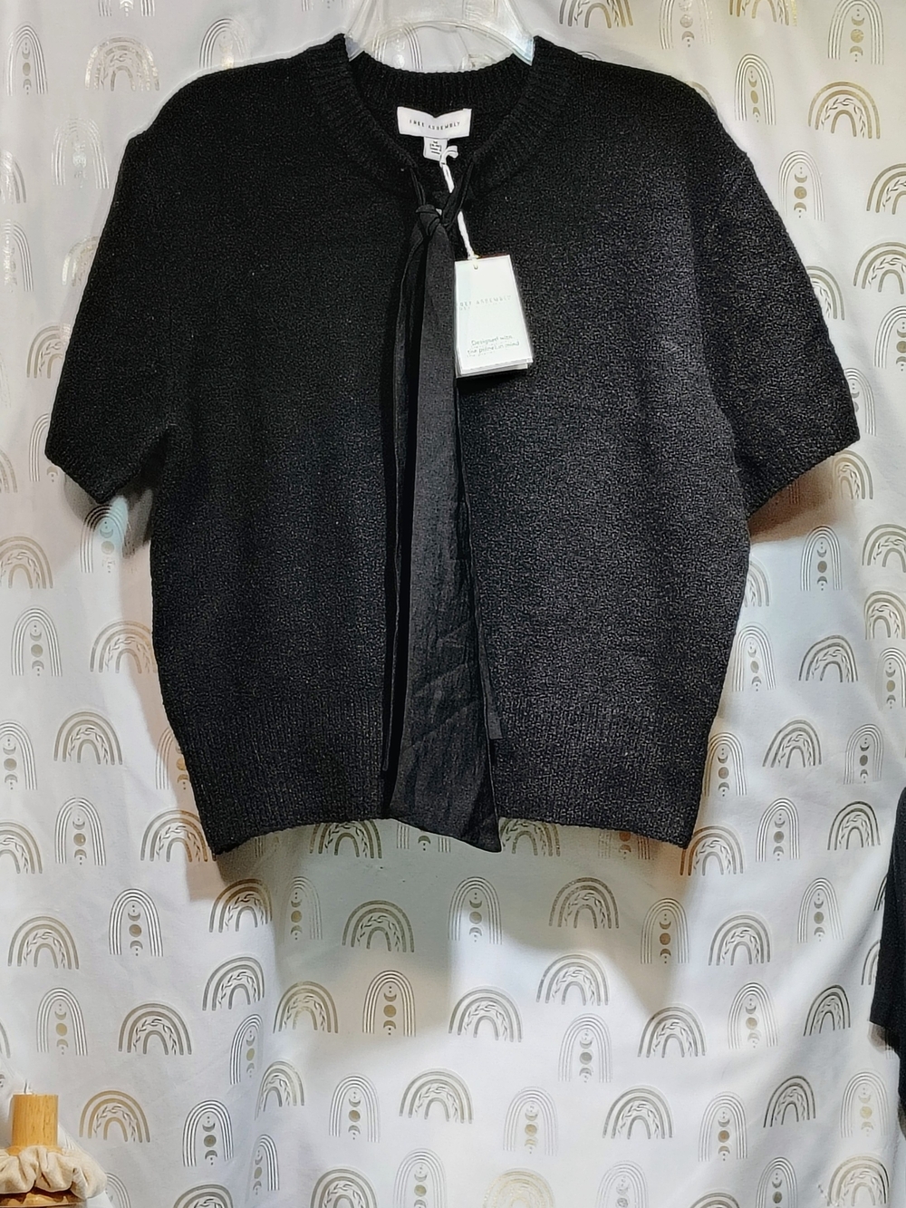 Short-Sleeve Black Knit Cardigan with Front Tie